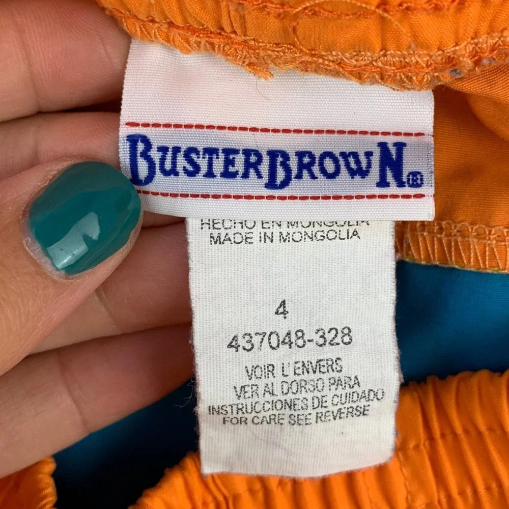 Vintage 90s Buster Brown Board Shorts Boys 4 Orange Blue Surf Swim Trunks Beach